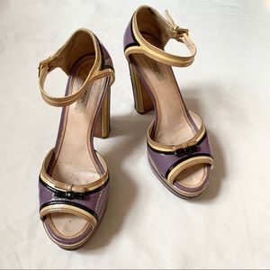💜💛 Prada Purple Yellow Patent Leather Block Heels 💛💜